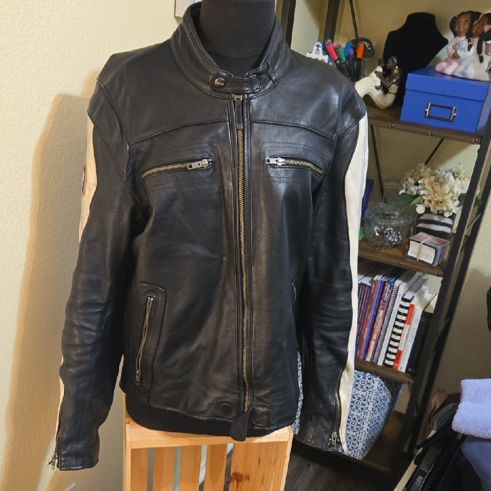 BMW Black Leather Jacket with White Accents